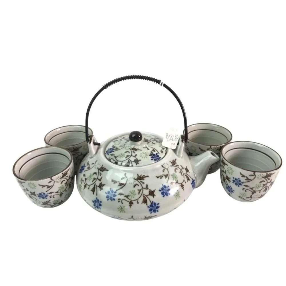 Pier 1 Imports Tomoko Hand Painted Porcelain Tea Set Teapot and 4‎ Cups Floral